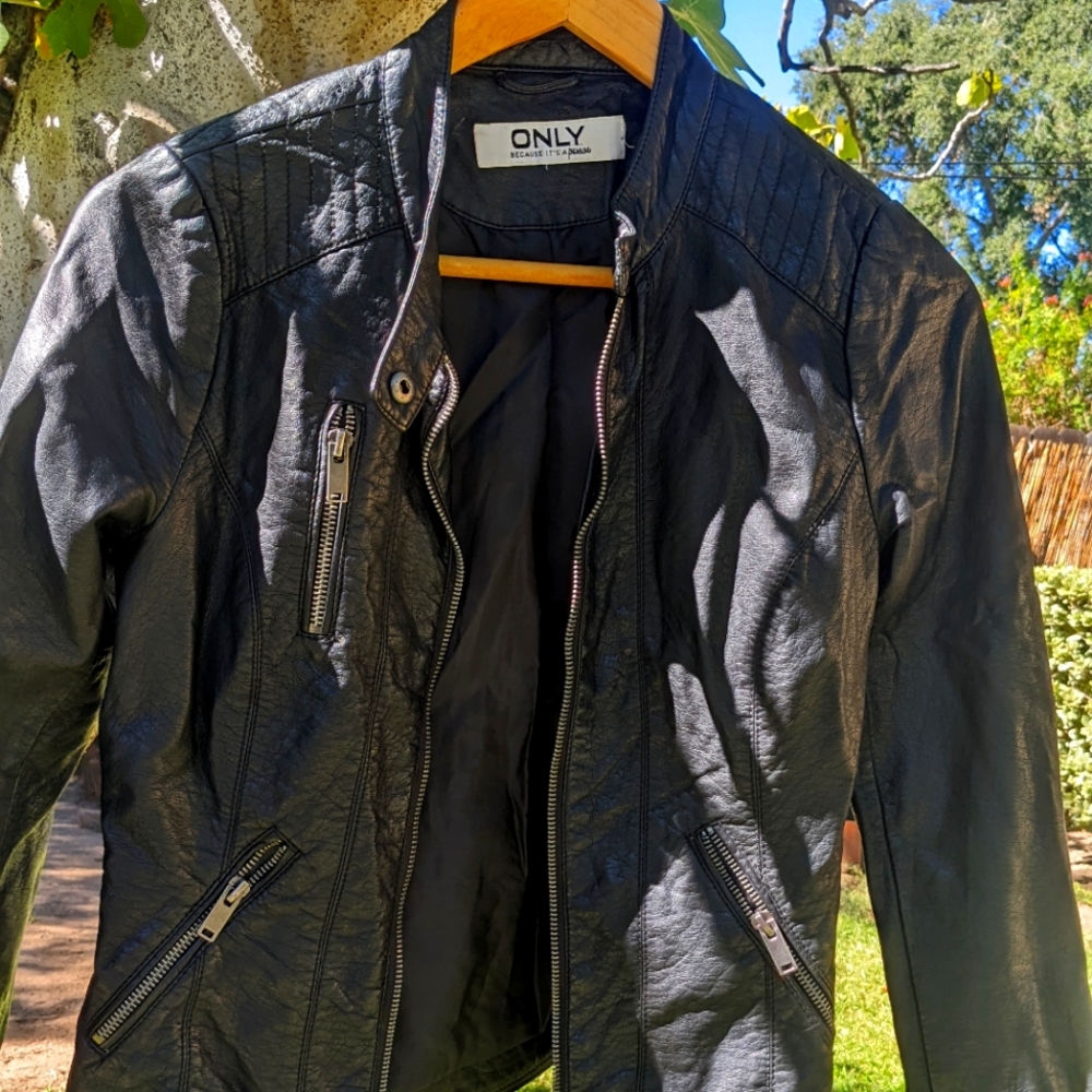 Black Faux-Leather Biker Jacket , Size S